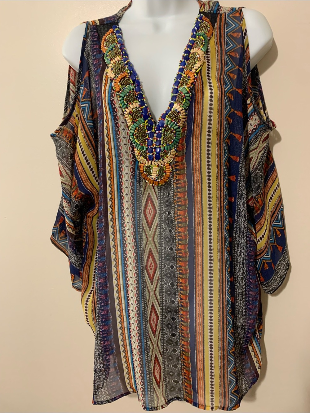 Melissa Paige Multicolor Striped Beaded V-Neck Cold-Shoulder Tunic